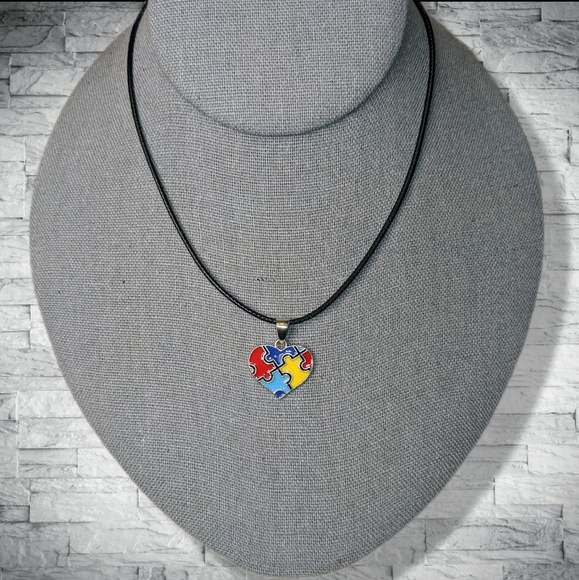 New Autism Awareness Necklace Heart Puzzle Piece Charm on Black Necklace Cord - Picture 4 of 8